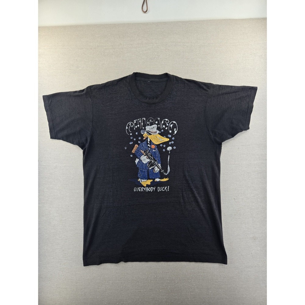 Rare Vtg "Chicago Everybody Duck" Gangster Shirt Black Made USA Single Stitch